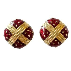 Chunky Red Enamel Gold Tone Clip On Statement Earrings Textured Dot Design